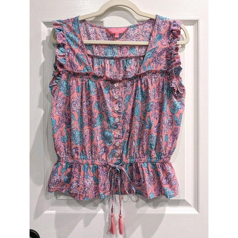 Simply Southern Womens Smocked Seahorse Blouse Small Ruffle Preppy Boho Coastal